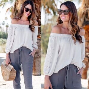 2/$30 ASTR The Label Off Shoulder Lace Embroidered Gauzy Relaxed Blouse Top